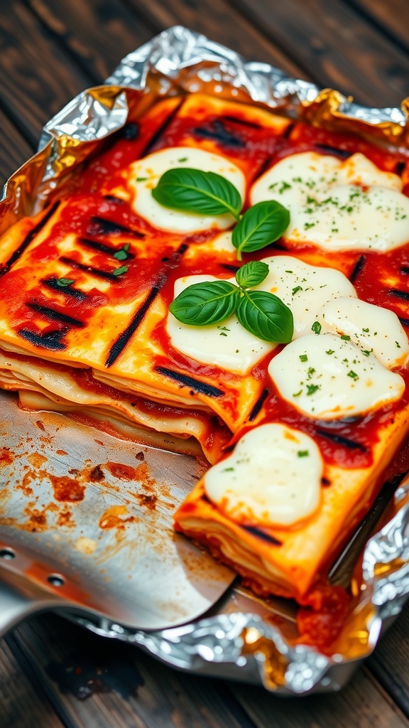 Grilled lasagna with melted cheese and basil on a rustic table.